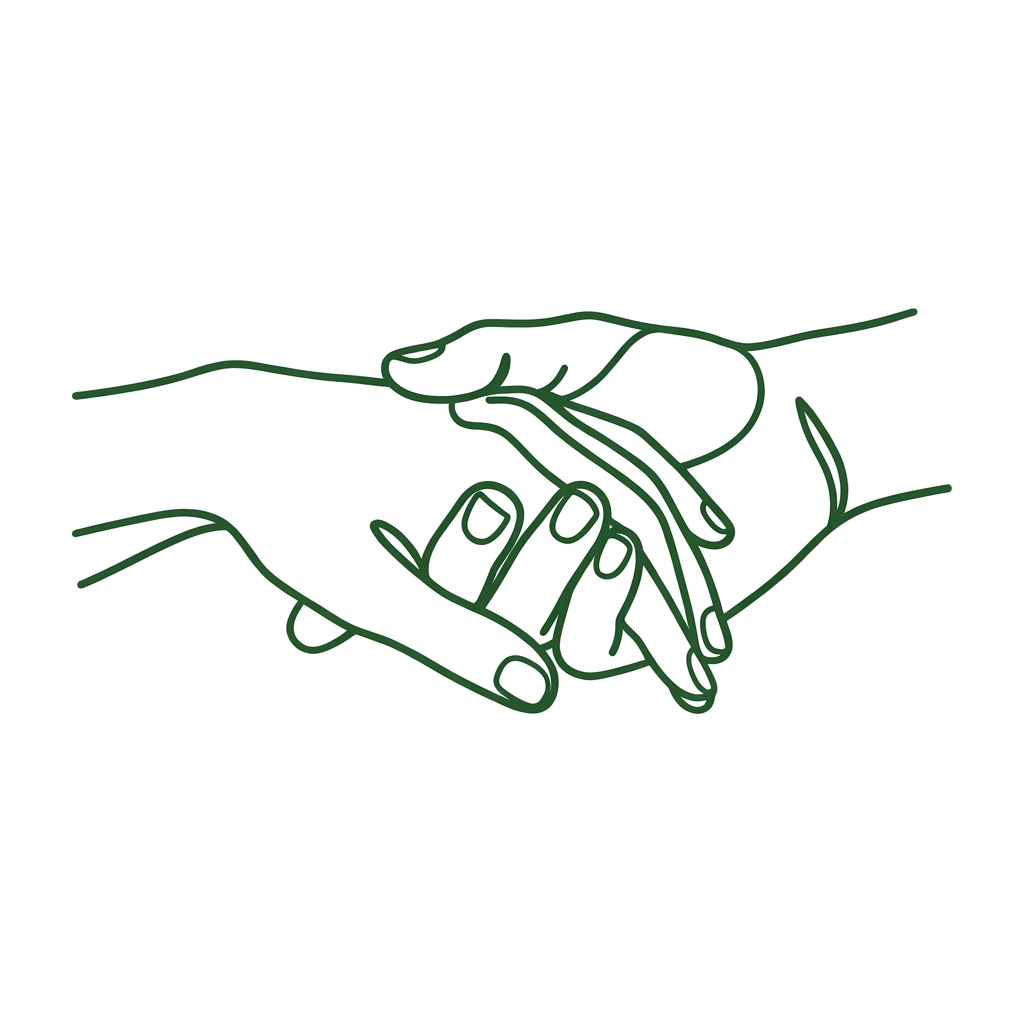 Two hands outlined in dark green lines forming a heart shape against a white background.